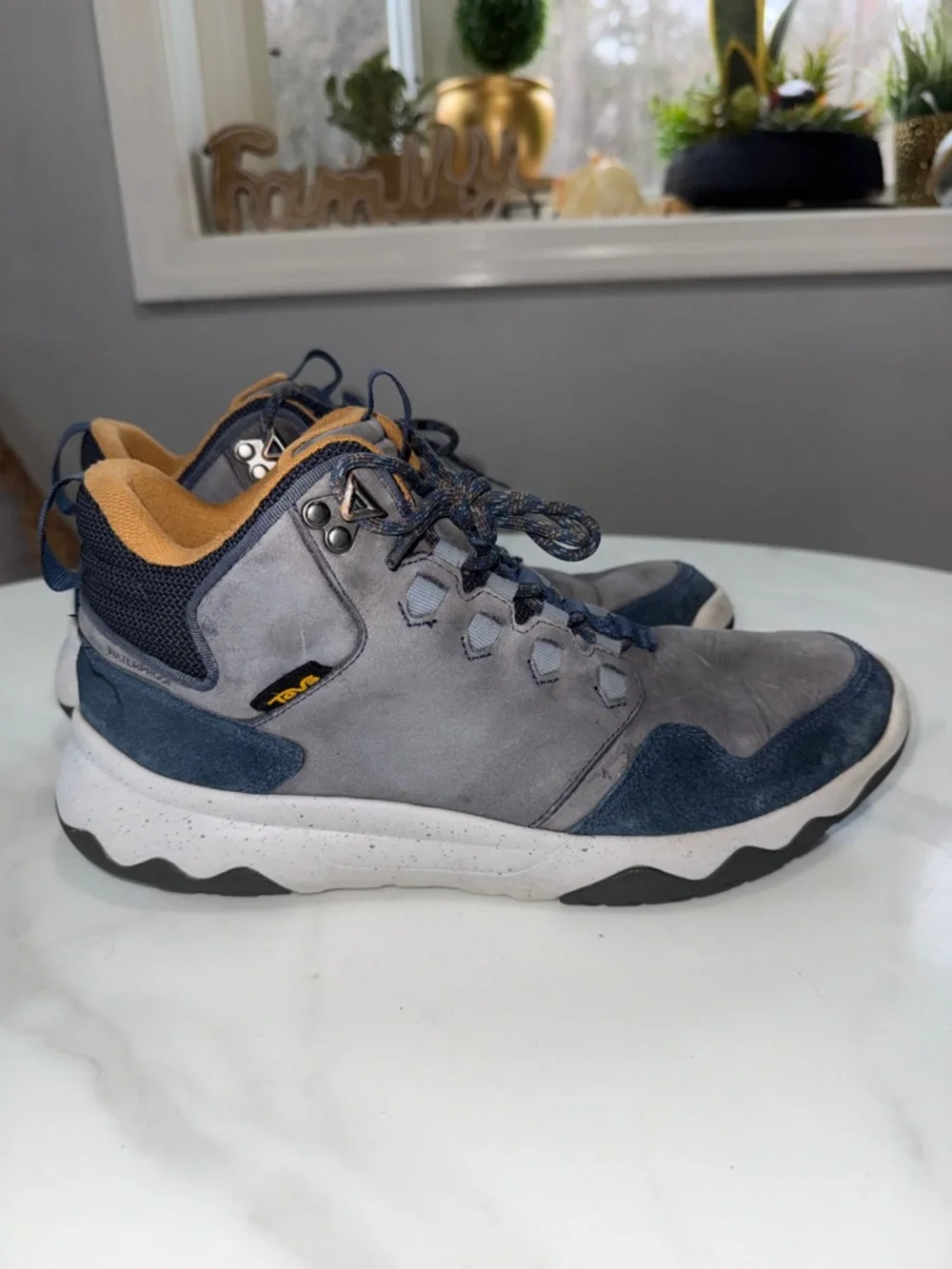 Teva Men’s Gray and Navy Mid-Top Boots with Yellow Accent